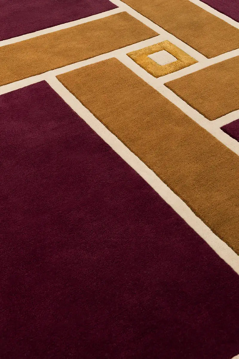 Modern Geometric Hand Tufted Wool Rug – Burgundy & Gold Abstract Area Rug for Living Room, Bedroom & Luxury Home Decor