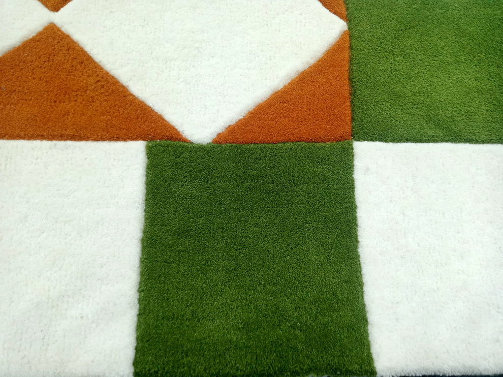 Checkered Area Rug with Green Border – Modern Hand-Tufted Carpet in Orange & White Diamond Pattern for Living Room, Dining Room & Contemporary Home Décor