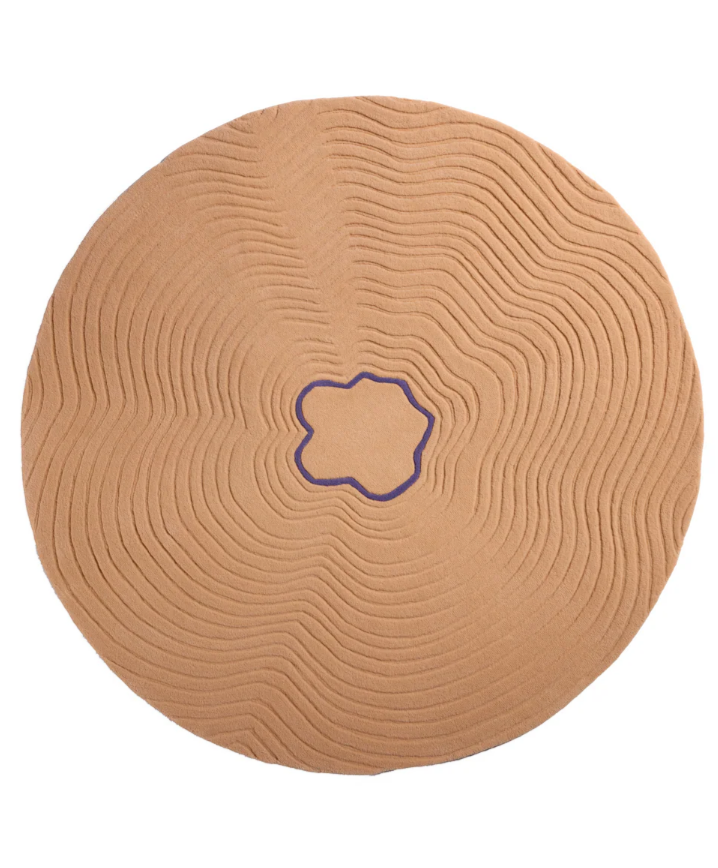 Round Beige Contemporary Area Rug – Hand-Tufted 3D Wavy Carved Design with Subtle Purple Center Accent for Modern Home Décor