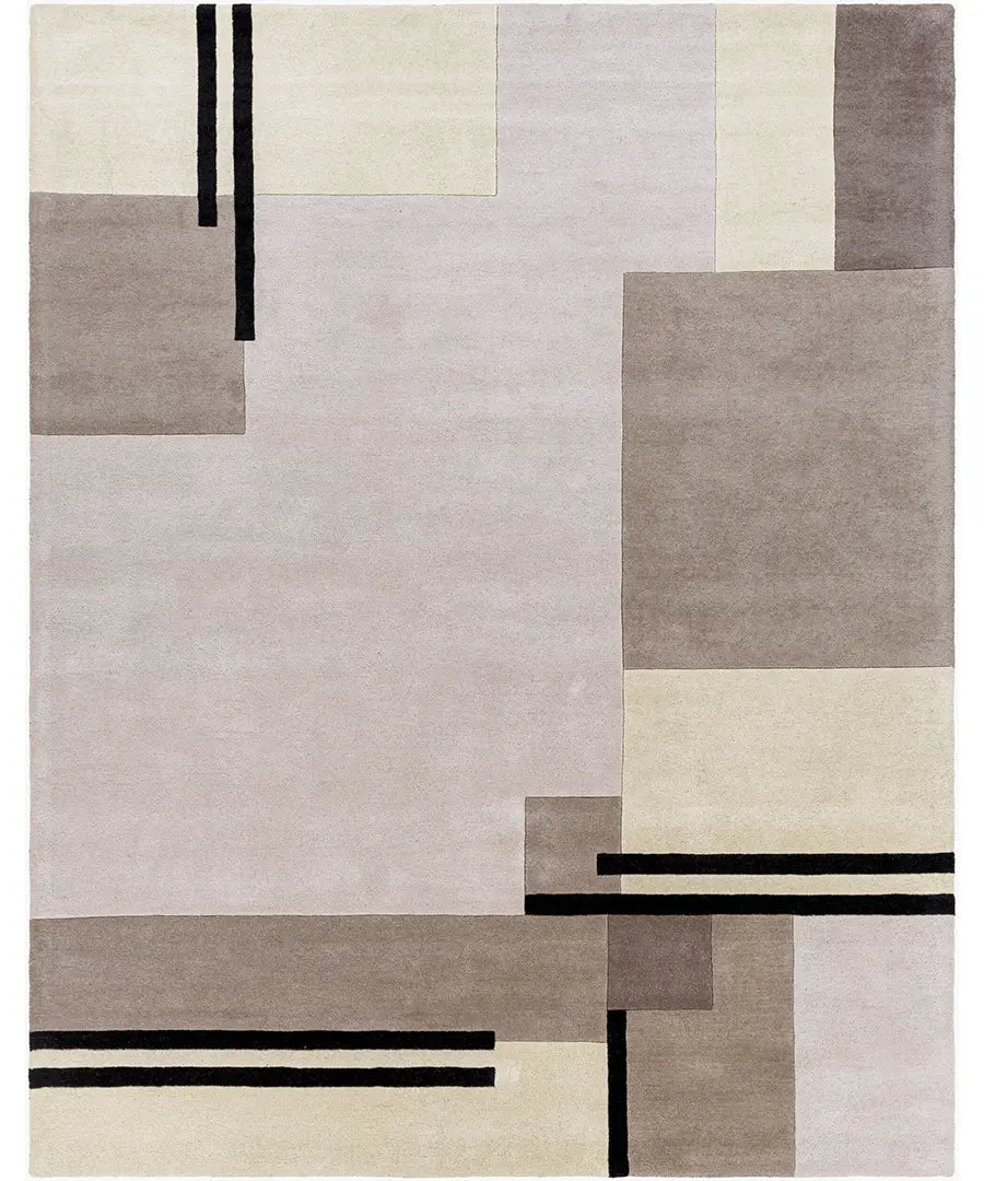Modern Abstract Area Rug – Neutral Beige & Gray Geometric Carpet with Black Accents for Living Room & Bedroom Decor