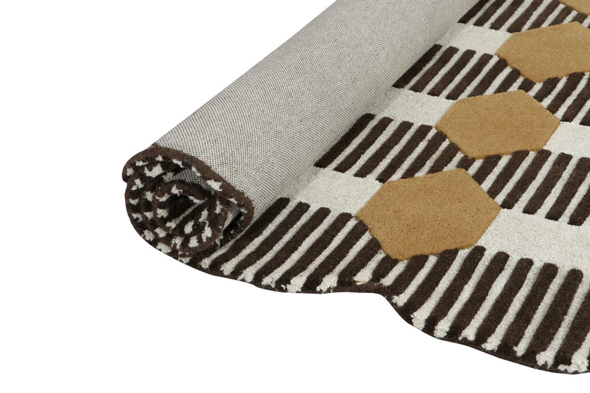 Mid Century Modern Geometric Area Rug – Hand Tufted Mustard Yellow & Brown Striped Pattern Carpet for Living Room, Dining & Office Décor