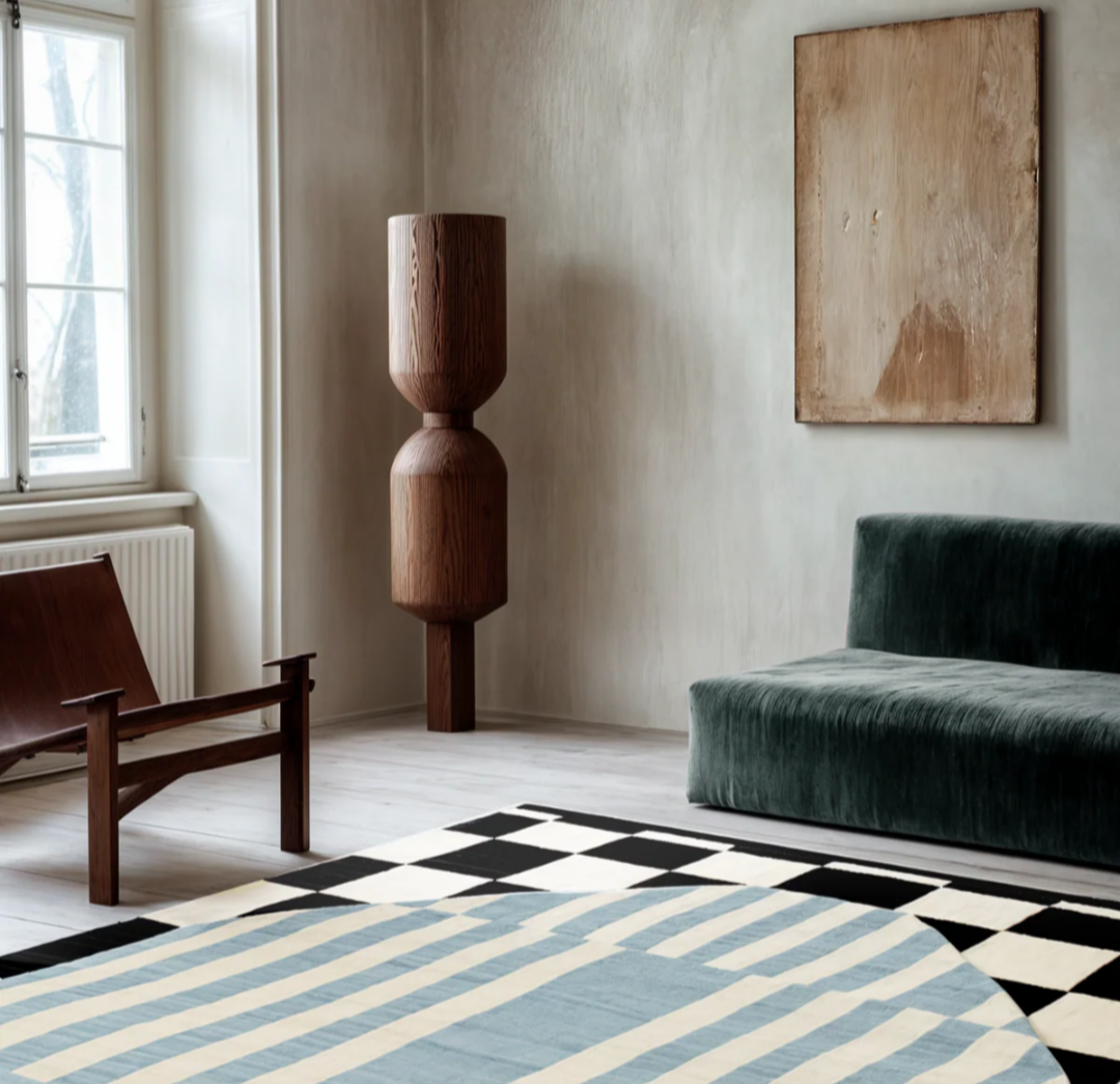Modern Checkered Optical Illusion Area Rug – Black, White & Blue Geometric Carpet for Living Room, Bedroom & Office Décor