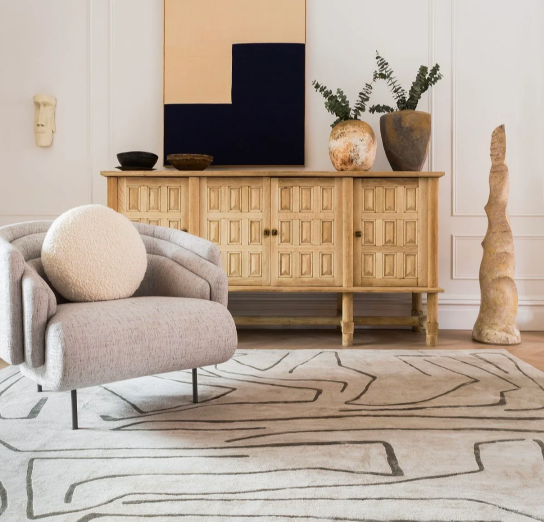 Modern Abstract Line Art Area Rug – Minimalist Neutral Grey Hand-Tufted Carpet for Living Room & Bedroom Décor
