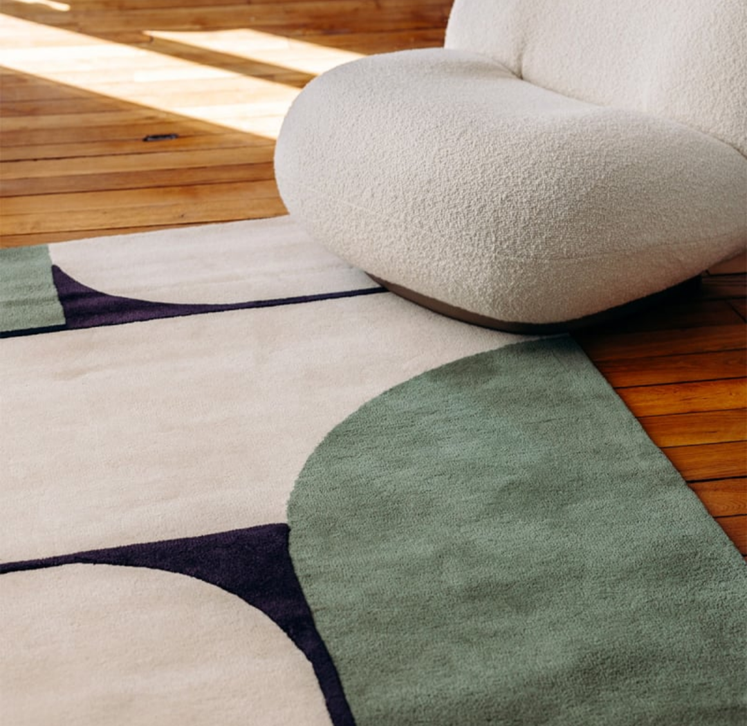 Modern Geometric Rectangle Rug – Hand-Tufted Wool Carpet | Green Black Beige Contemporary Area Rug for Living Room, Bedroom, Office