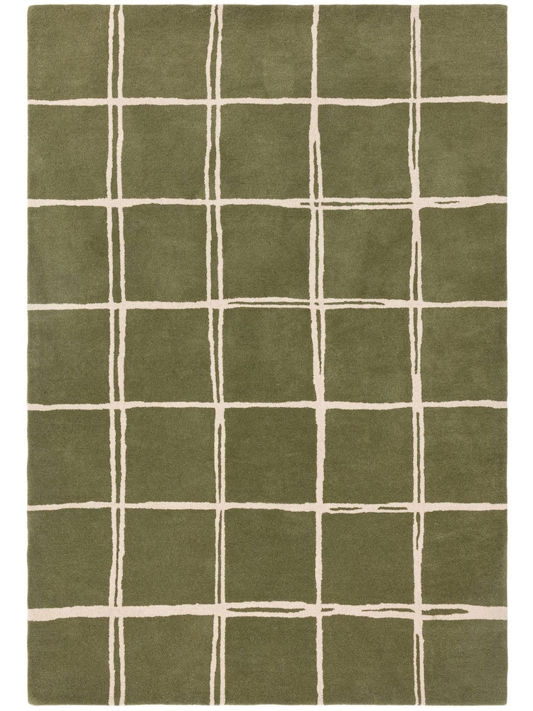 Modern Olive Green Grid Area Rug – Hand-Tufted Wool Carpet with Minimalist Checkered Pattern for Living Room, Bedroom & Office Decor