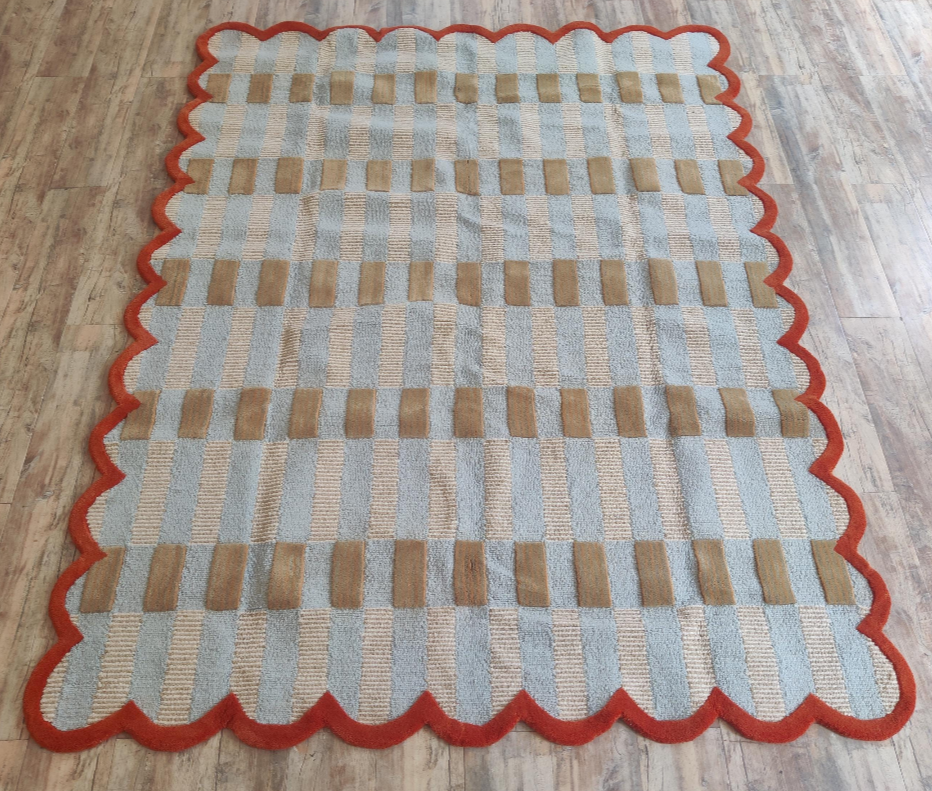 Handmade Wool Checkered Rug | Modern Blue & Beige Striped Area Carpet with Red Scalloped Border | Contemporary Designer Floor Rug for Living Room & Bedroom