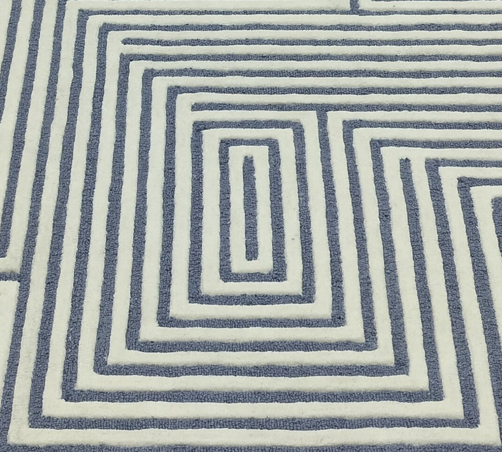 Blue and White Maze Pattern Area Rug – Modern Hand-Tufted Wool Carpet with Geometric Line Design for Living Room, Bedroom & Contemporary Décor