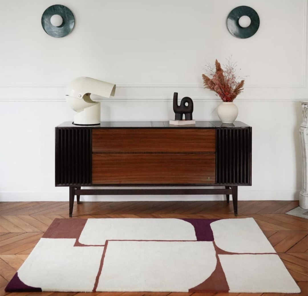 Modern Abstract Geometric Wool Rug | Hand-Tufted Minimalist Area Carpet | Cream Brown Burgundy Contemporary Design | Living Room Bedroom Decor