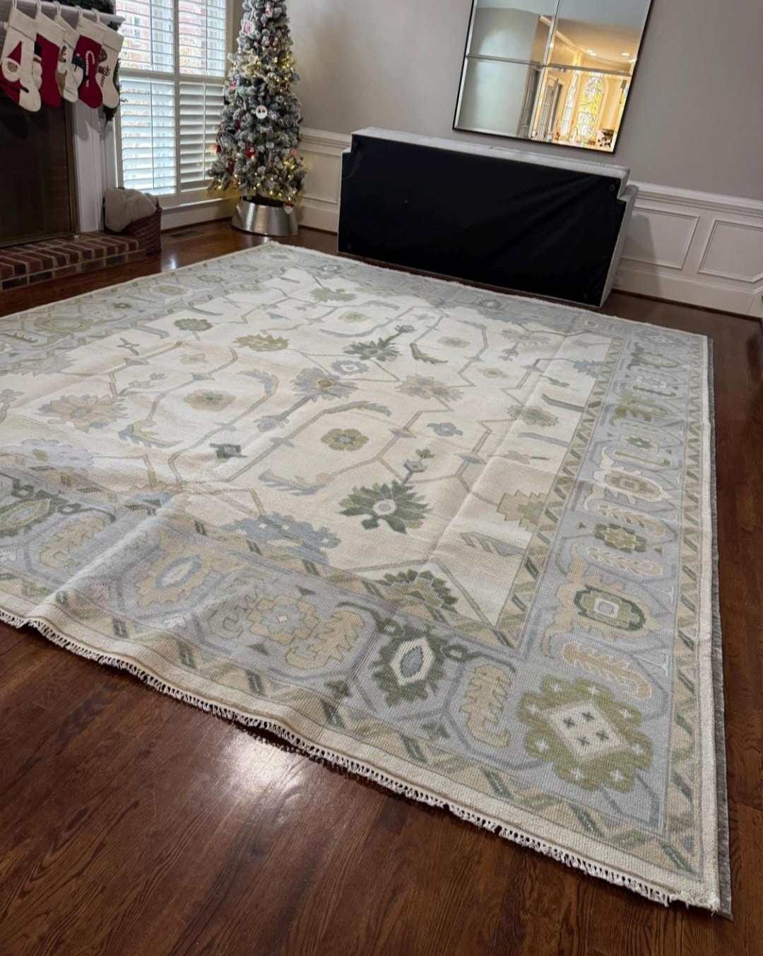 Handknotted Oushak Rug – Ivory Blue Green Turkish Area Rug, Traditional Handmade Wool Rug, Elegant Neutral Boho Home Decor