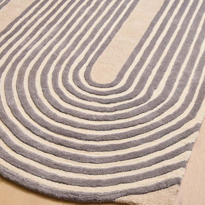 Modern Hand Tufted Wool Area Rug – Scandinavian Geometric Curved Line Carpet, Abstract Minimalist Cream & Grey Rug for Living Room, Bedroom, Nursery, Custom Size Rug