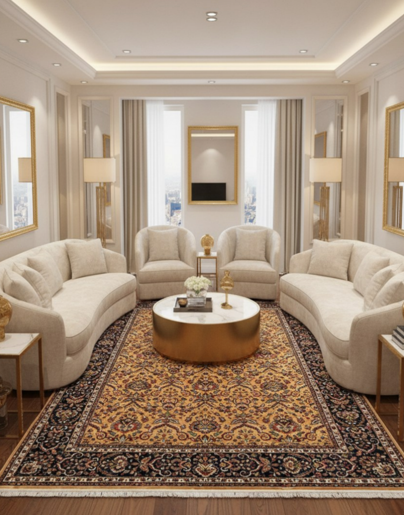 Luxury Persian Silk Area Rug – Golden Sand Floral Palace Design with Navy Border, Soft Shiny Finish, Premium Elegant Carpet for Living Room & Bedroom