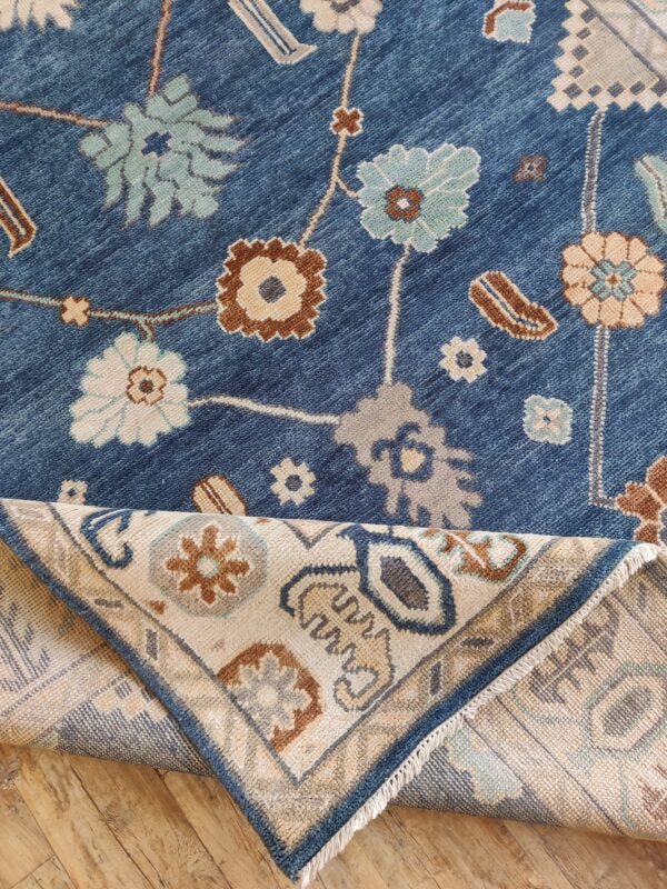 Blue Handknotted Oushak Rug – Traditional Turkish Wool Area Carpet with Floral & Geometric Motifs, Oriental Bohemian Living Room Decor
