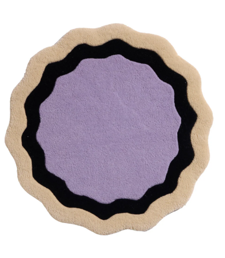 Whimsical Wavy Edge Round Rug – Hand-Tufted Purple, Black & Beige Modern Carpet for Living Room, Bedroom, or Nursery Décor