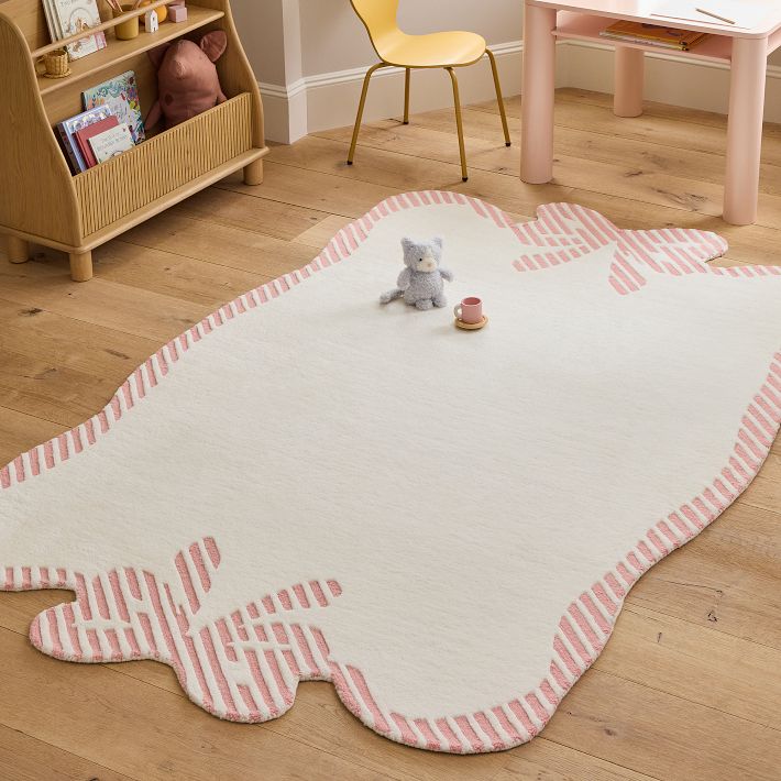 Whimsical Bow Hand-Tufted Rug | Pink & White Striped Border Accent Carpet | Playful Modern Area Rug for Nursery, Kids Room & Living Space