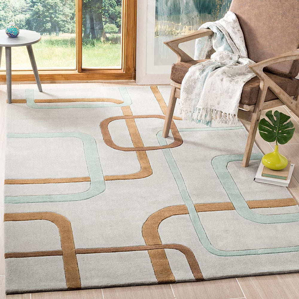 Retro Modern Geometric Area Rug – Soft Hand-Tufted Carpet with Interlocking Lines for Mid-Century Living Room & Office Decor