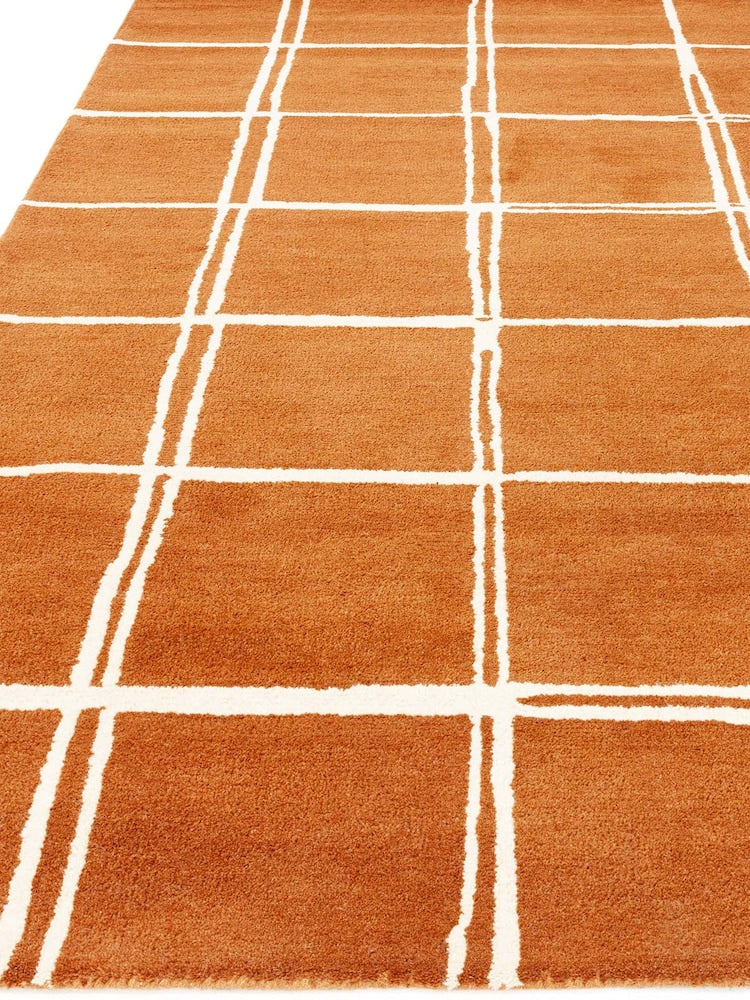 Modern Terracotta Grid Area Rug – Hand-Tufted Wool Carpet with Minimalist Checkered Pattern for Living Room, Bedroom & Office Decor