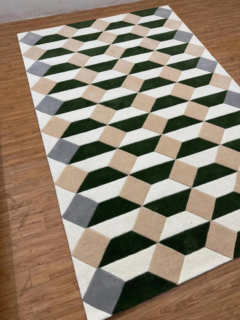 Modern Geometric Wool Area Rug – 3D Illusion Diamond Pattern Carpet in Green, Beige & Grey for Living Room, Bedroom & Contemporary Home Decor