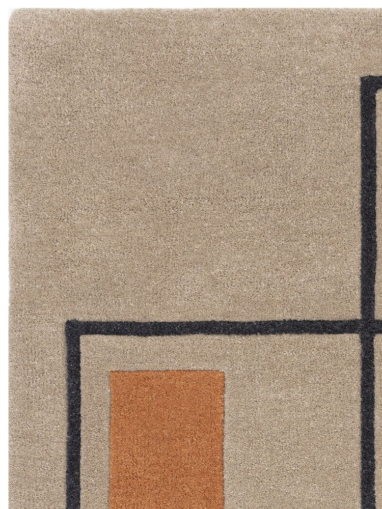 Modern Geometric Area Rug – Hand-Tufted Wool Carpet in Beige, Brown & Black with Overlapping Rectangle Design for Living Room, Bedroom & Office Decor