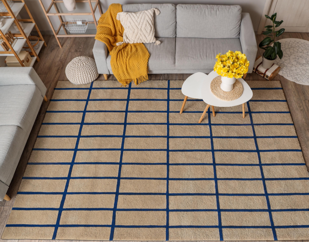 Modern Beige and Blue Grid Pattern Area Rug – Minimalist Geometric Carpet for Living Room, Bedroom & Contemporary Home Décor