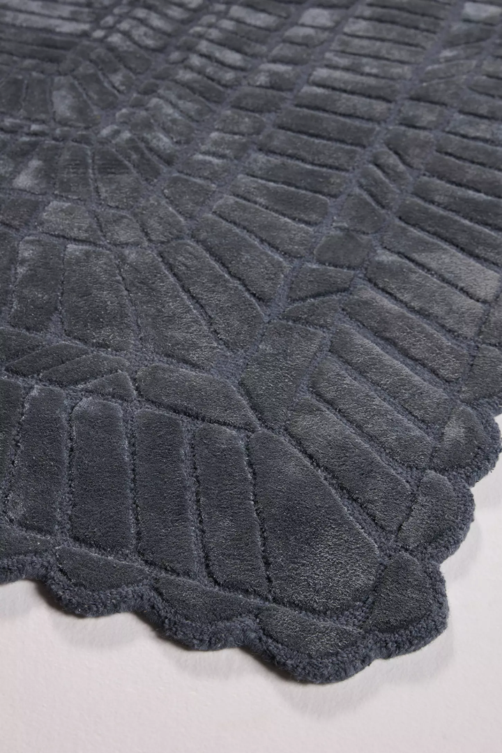 Luxury Dark Gray Hand-Tufted Rug | Textured Geometric Scalloped Border Carpet | Modern Neutral Area Rug for Living Room & Bedroom Decor