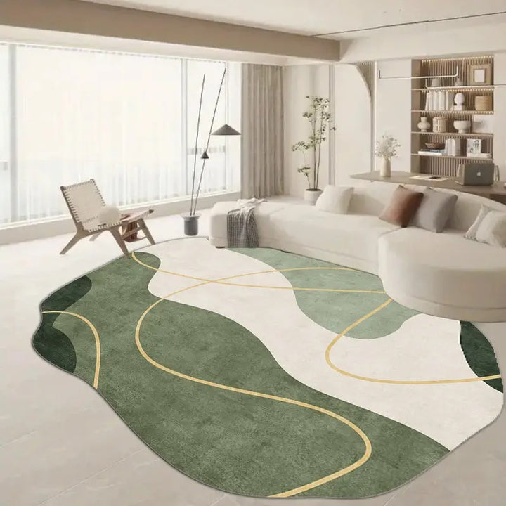Modern Abstract Green Area Rug for Living Room | Irregular Shape Carpet with Minimalist Design | Soft Floor Mat for Bedroom & Home Décor