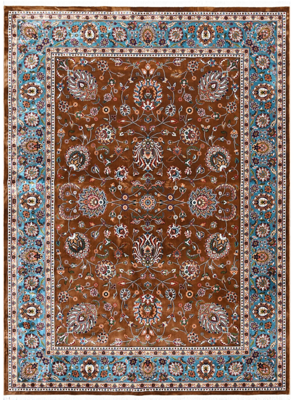 Luxury Persian Silk Area Rug – Traditional Floral Design with Rich Brown & Turquoise Tones