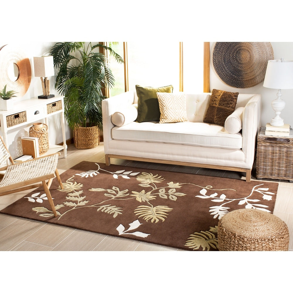Brown Floral Area Rug – Elegant Botanical Leaf Pattern in Beige & White – Soft Hand-Tufted Carpet for Living Room, Bedroom & Modern Home Décor