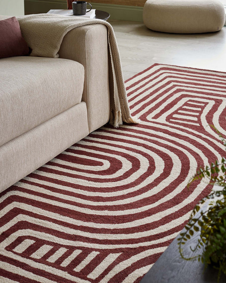 Modern Abstract Line Art Area Rug – Hand-Tufted Wool Burgundy Red & Ivory Geometric Carpet for Living Room, Bedroom, Office & Home Interior Decor