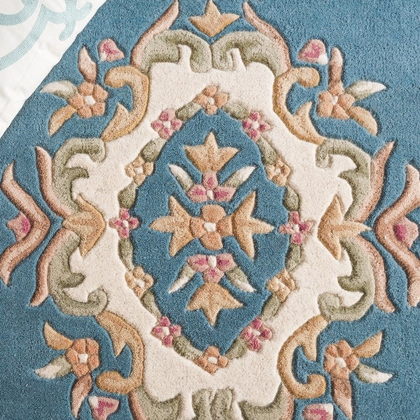 Elegant Blue Aubusson Area Rug – Handcrafted Floral Wool Carpet for Living Room & Bedroom Décor