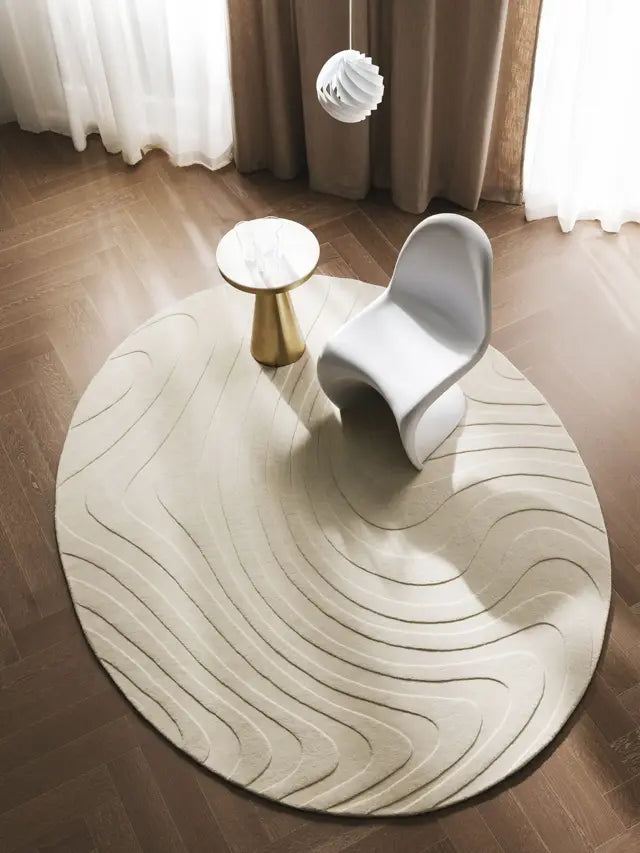 Modern Round Beige Wave Pattern Rug – Minimalist Neutral Carpet for Living Room, Bedroom & Office Décor
