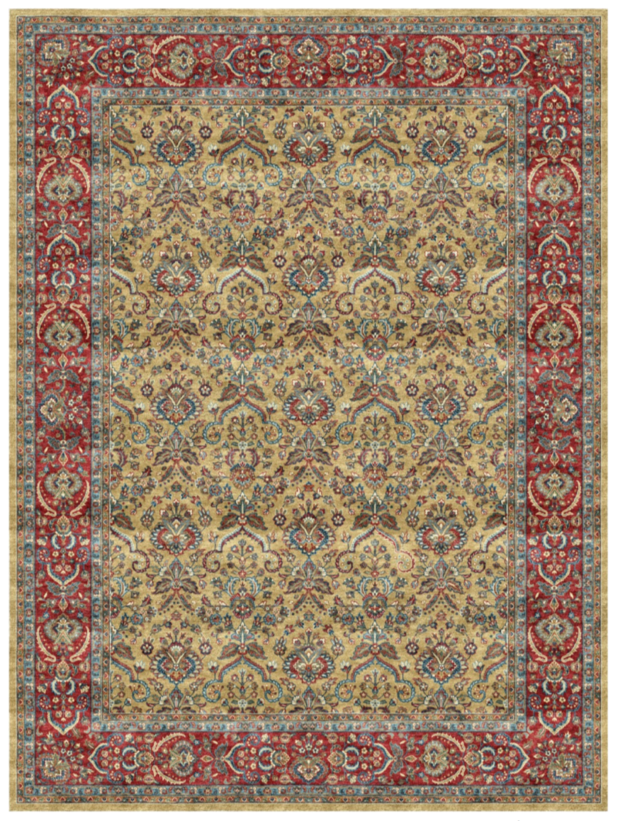 Luxury Persian Silk Area Rug – Golden Beige Floral Palace Design with Rich Red Border, Soft Shiny Finish, Premium Elegant Carpet