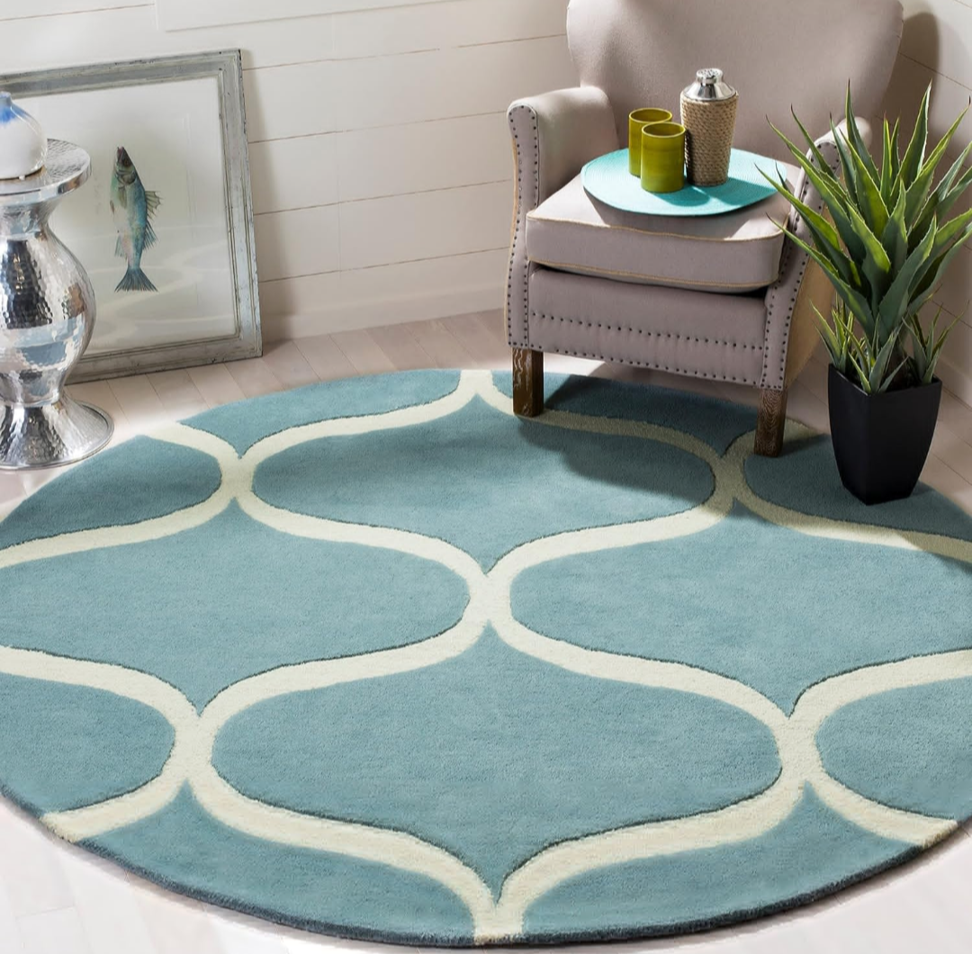 Blue and Ivory Round Area Rug – Modern Moroccan Trellis Pattern Carpet for Living Room or Bedroom Decor