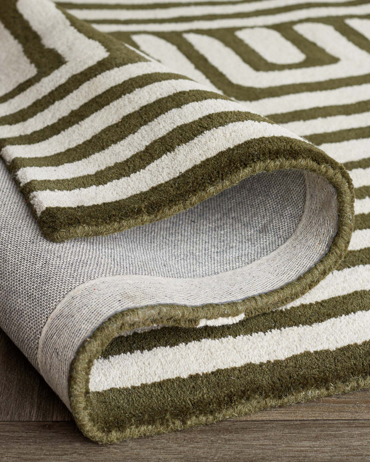 Modern Abstract Line Pattern Area Rug – Hand-Tufted Wool Olive Green & Ivory Contemporary Carpet for Living Room, Bedroom, Office & Home Decor