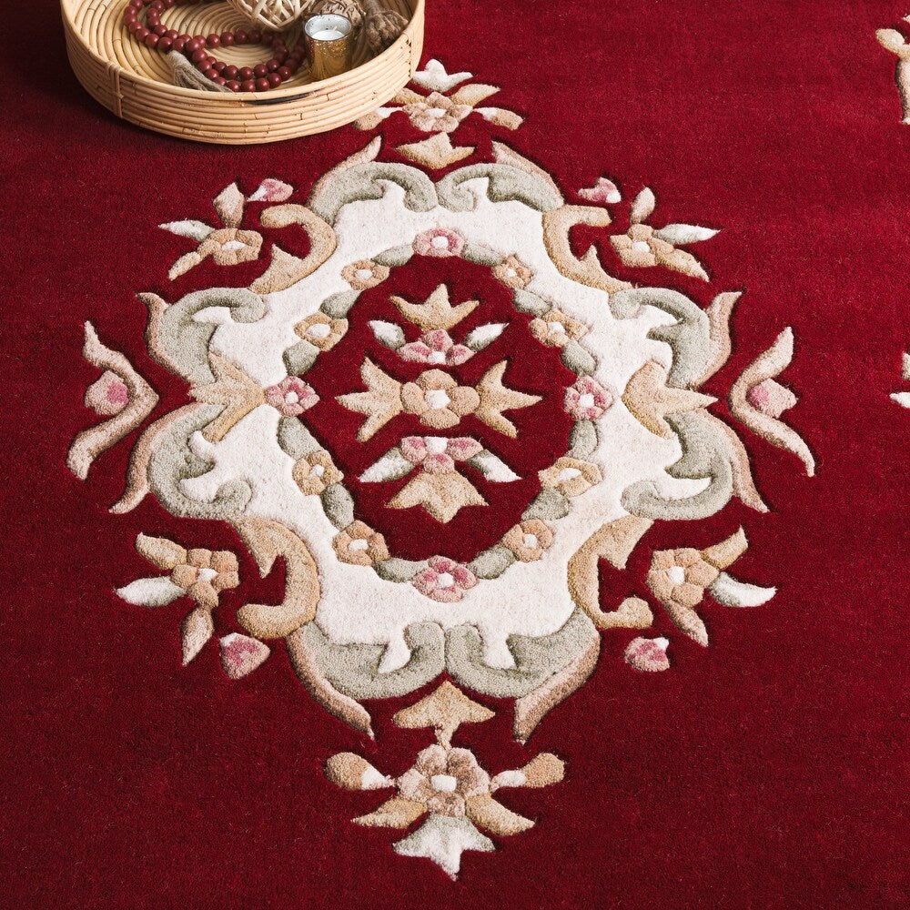 Red Aubusson Area Rug – Handcrafted Wool Carpet with Floral Border for Living Room & Bedroom Décor