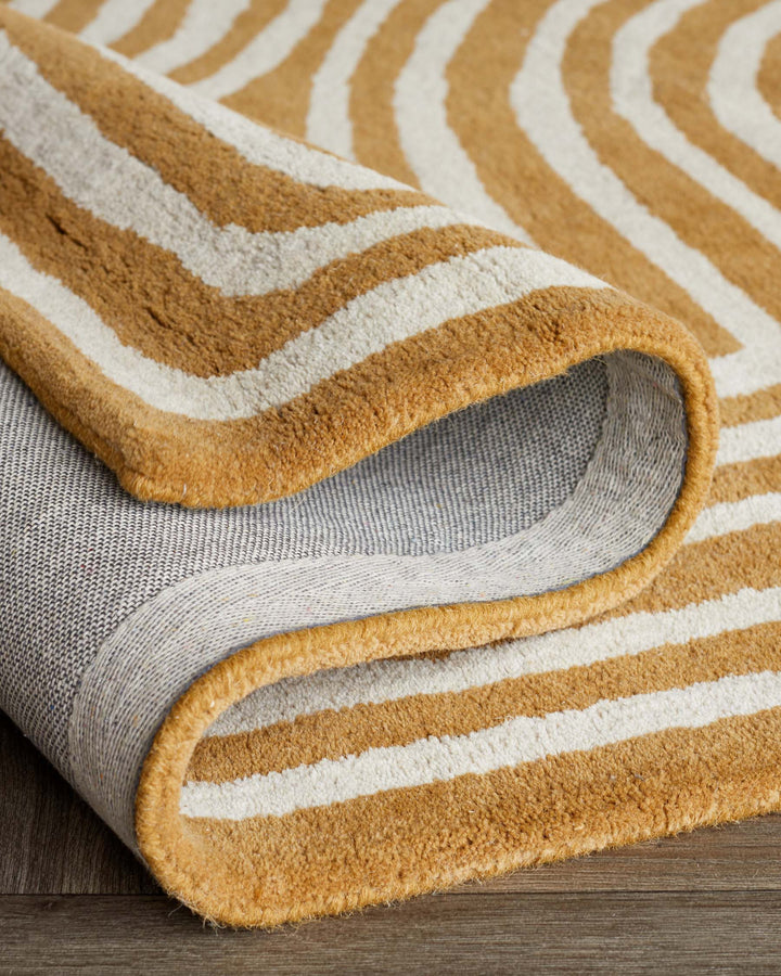 Modern Abstract Line Pattern Area Rug – Hand-Tufted Wool Mustard Yellow & Ivory Geometric Carpet for Living Room, Bedroom, Office & Home Decor