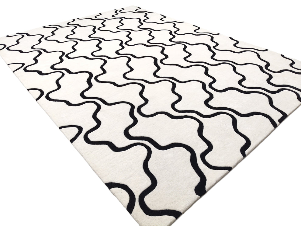 White and Black Wavy Line Area Rug – Modern Hand-Tufted Wool Carpet with Abstract Pattern for Living Room, Bedroom & Contemporary Home Décor