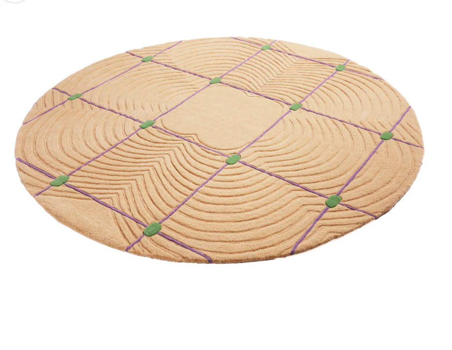 Round Beige Modern Area Rug – Hand-Tufted 3D Carved Grid Pattern with Purple Lines & Green Accents for Living Room or Bedroom Décor