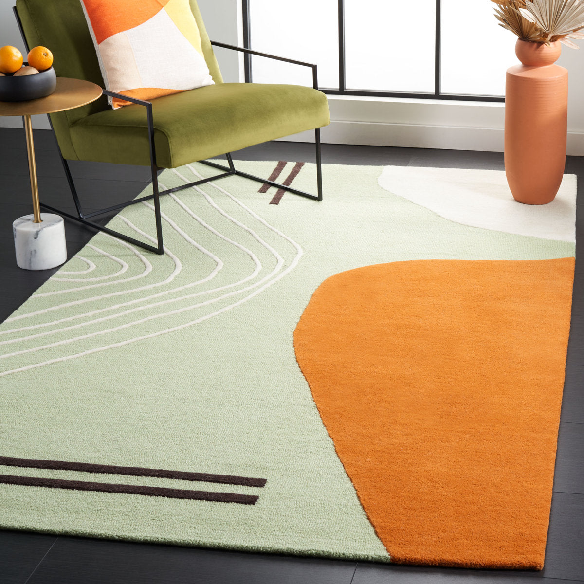 Modern Abstract Wool Rug – Green, Orange & White Hand-Tufted Carpet with Minimalist Line Art for Living Room & Office Decor