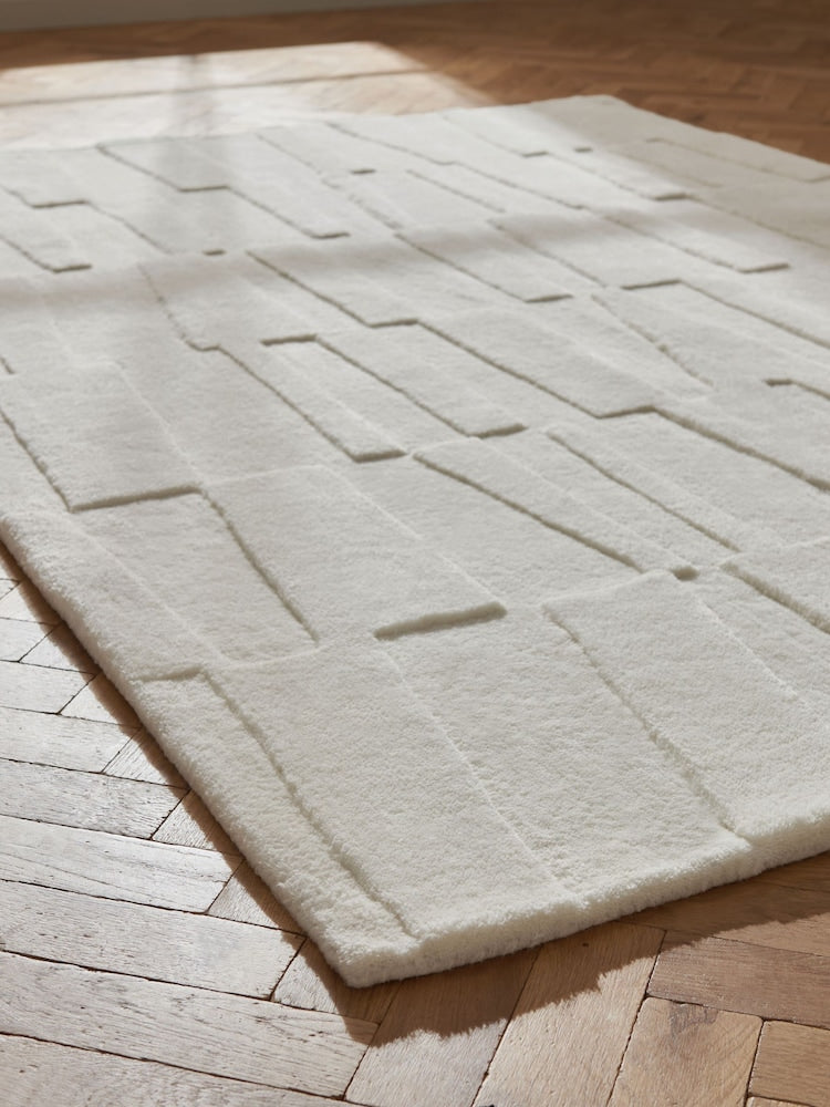 Modern Textured White Area Rug – Hand-Tufted Wool Carpet with Minimalist Geometric Pattern for Living Room, Bedroom & Contemporary Home Decor