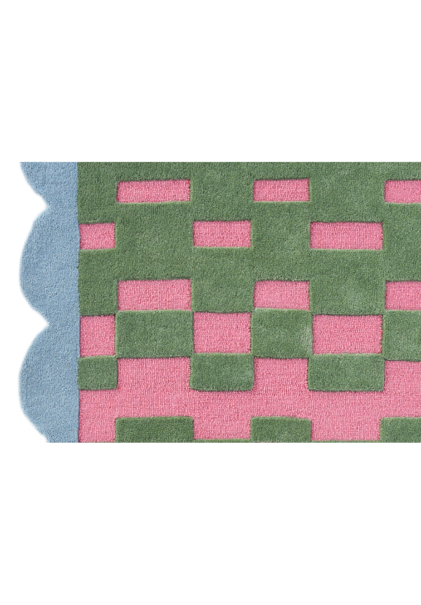 Handmade Modern Geometric Wool Rug – Pink & Green Checker Pattern with Blue Scalloped Border | Contemporary Accent Carpet