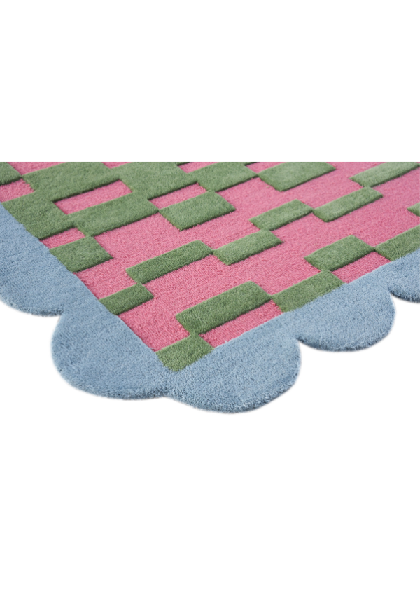 Handmade Modern Geometric Wool Rug – Pink & Green Checker Pattern with Blue Scalloped Border | Contemporary Accent Carpet