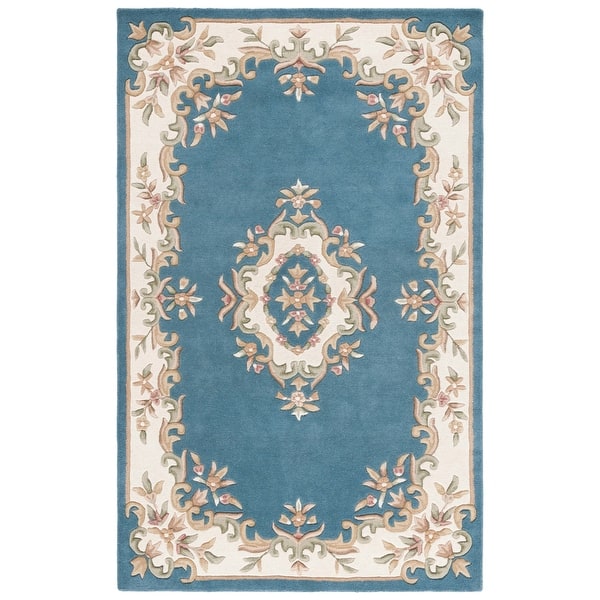 Elegant Blue Aubusson Area Rug – Handcrafted Floral Wool Carpet for Living Room & Bedroom Décor