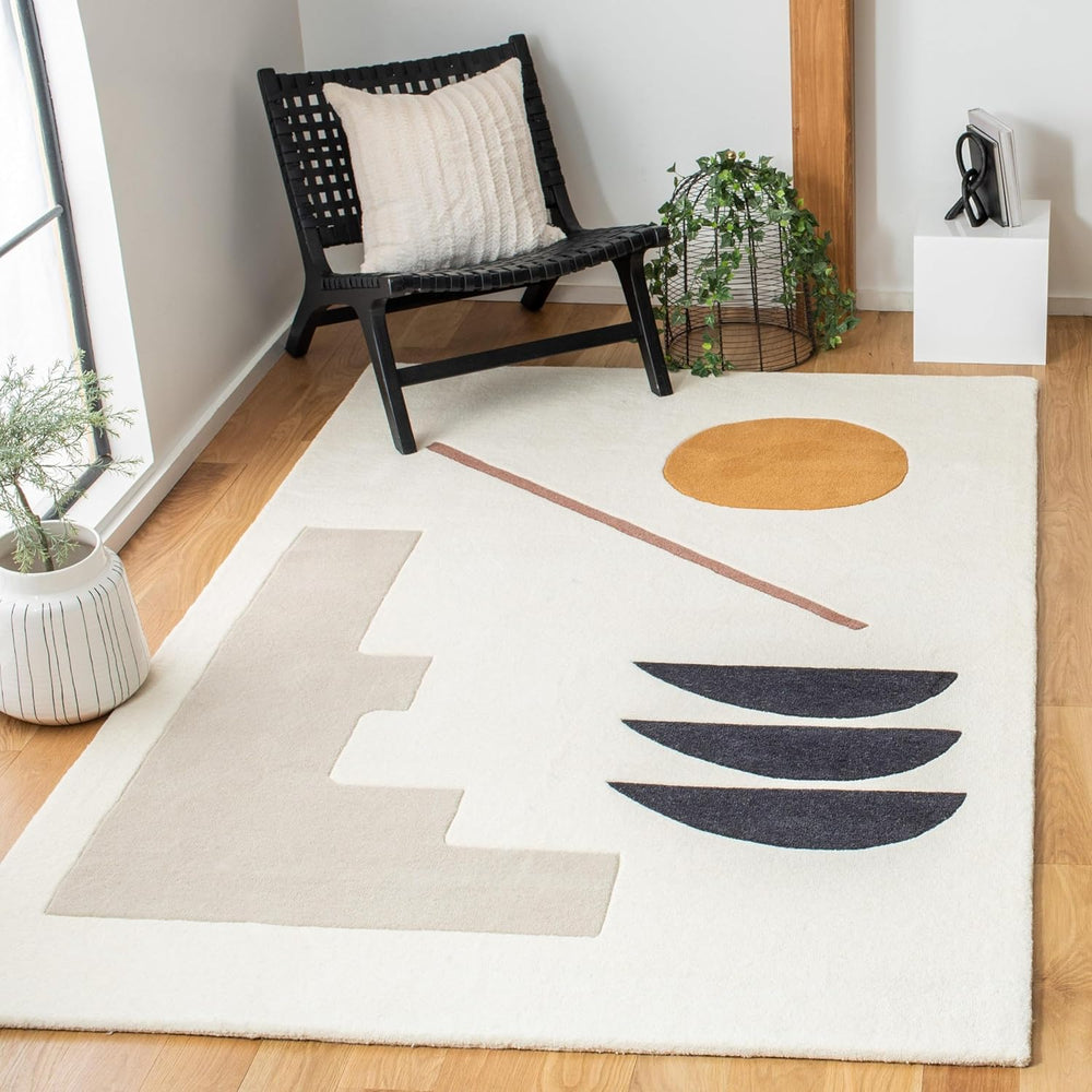 Minimalist Modern Abstract Area Rug – White Geometric Carpet with Sun & Shape Pattern for Living Room or Office Decor