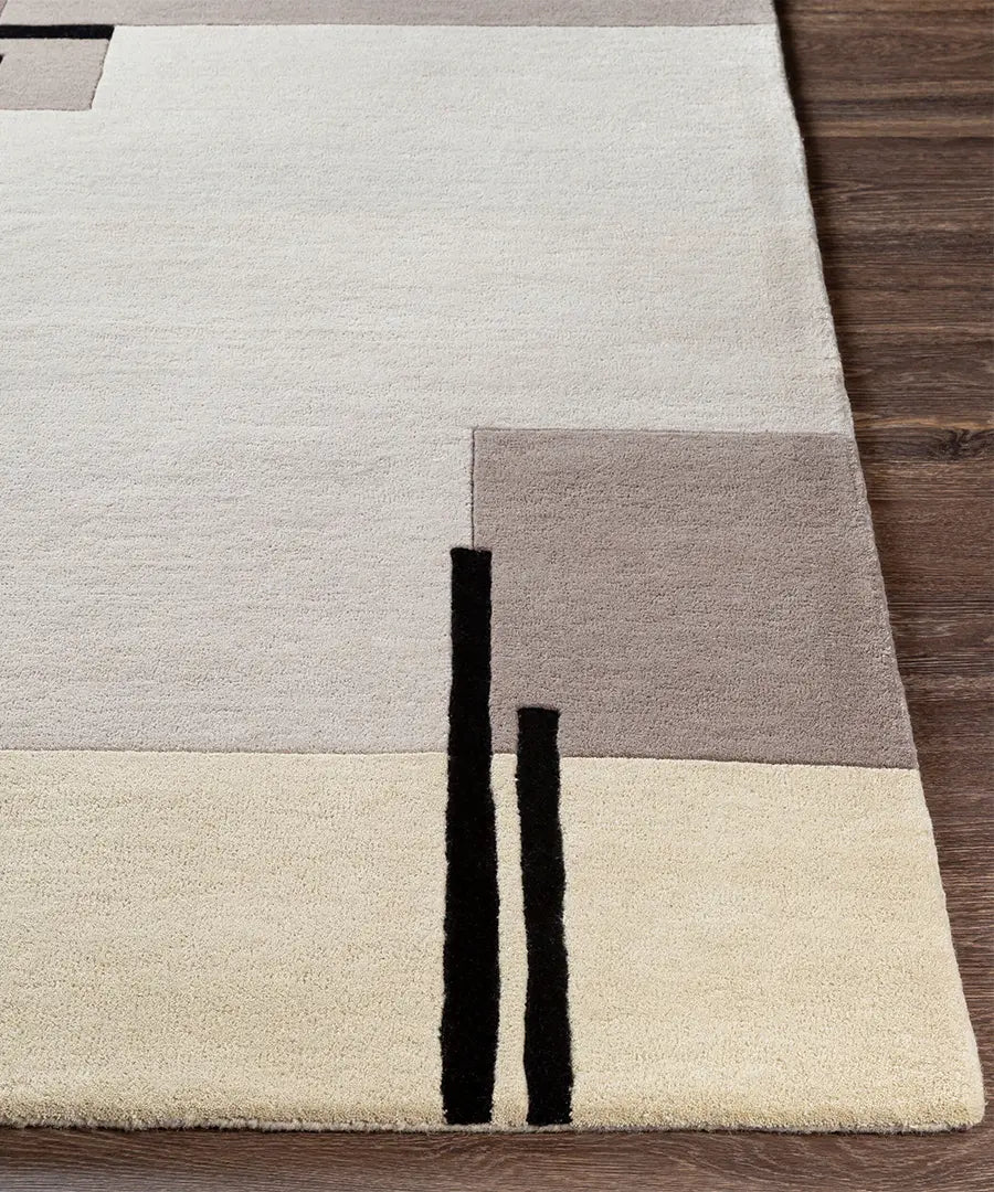 Modern Abstract Area Rug – Neutral Beige & Gray Geometric Carpet with Black Accents for Living Room & Bedroom Decor