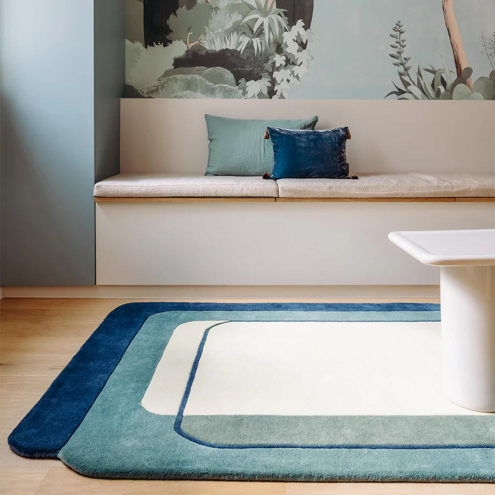 Modern Geometric Area Rug – Hand Tufted Wool Carpet in Blue & Teal Layered Rectangle Design | Contemporary Living Room & Bedroom Decor