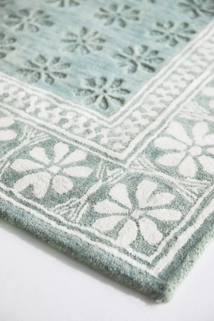 Sage Green Hand Tufted Wool Rug, Floral Border Area Rug, Handmade Modern Botanical Carpet, Luxury Living Room Rug, Bedroom Rug, Custom Size Rug, Contemporary Home Decor