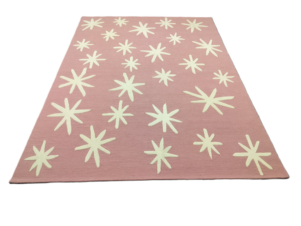 Pink Area Rug with White Starburst Pattern – Modern Hand-Tufted Wool Carpet for Living Room, Bedroom & Playroom Décor