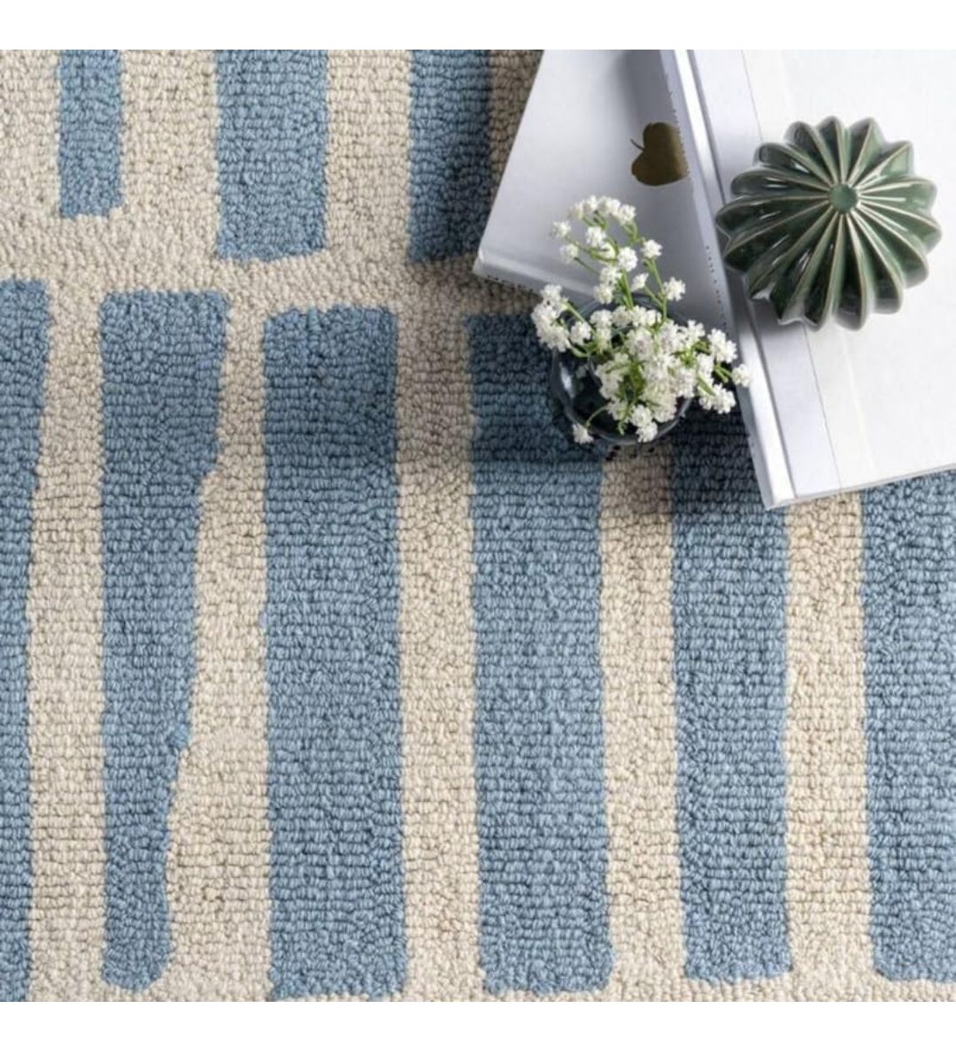 Handmade Blue and White Wool Rug – Modern Abstract Striped Carpet for Living Room, Bedroom or Nursery Decor