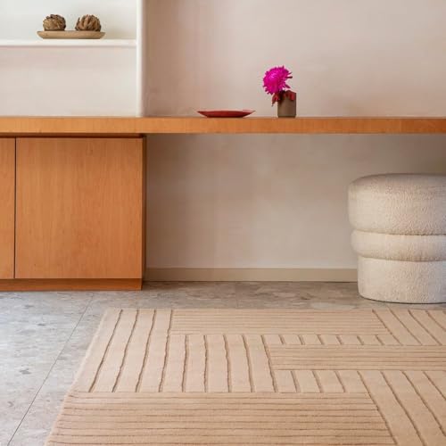 Beige Geometric Modern Rug – Minimalist Textured Carpet for Living Room, Bedroom & Office Décor