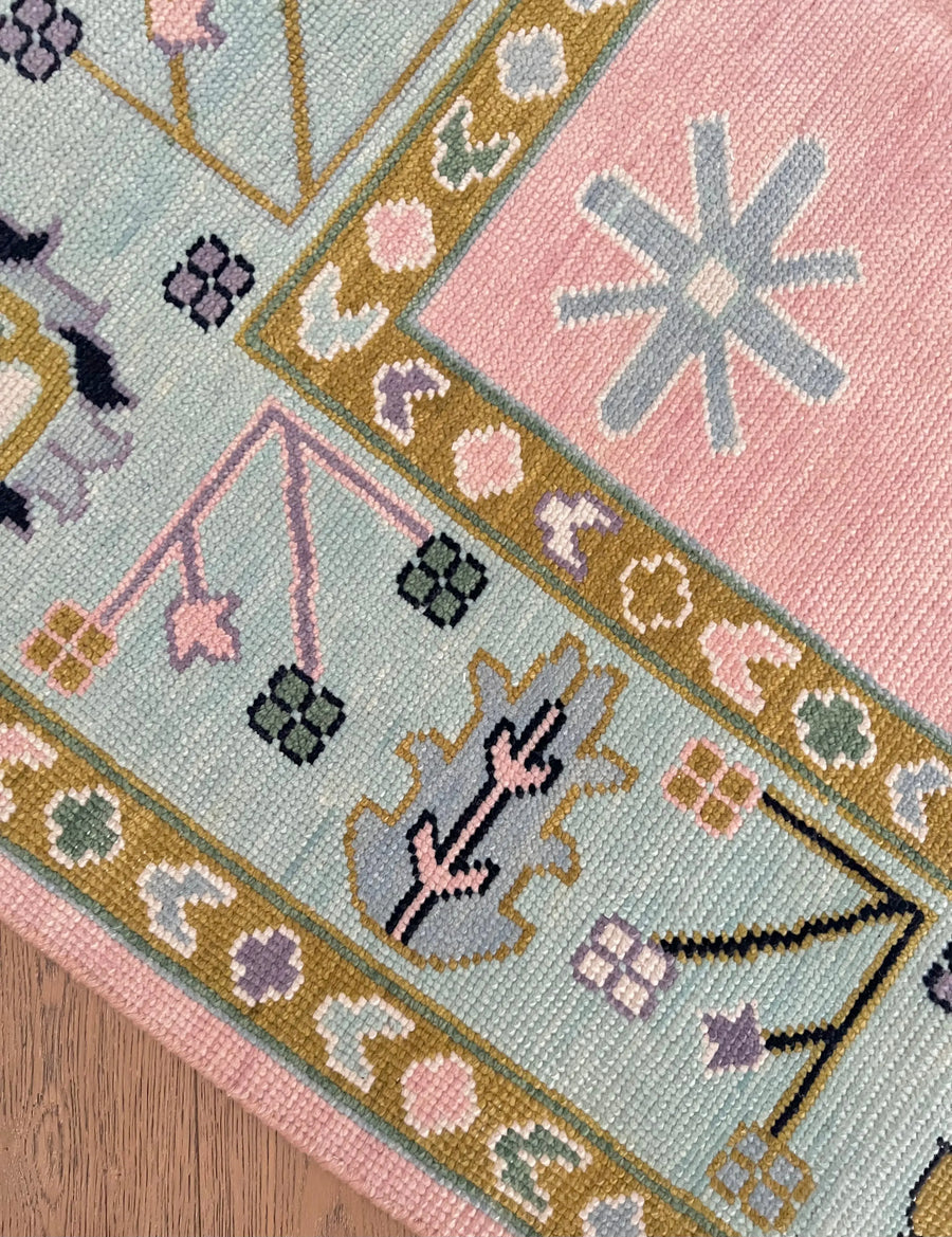 Hand Knotted Oushak Rug – Blush Pink Pastel Turkish Wool Vintage Area Carpet